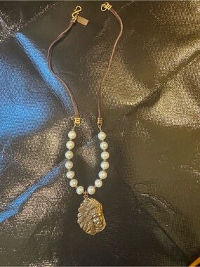 Pearl and Brown Cord Necklace with Gold-tone Native Chief Pendant